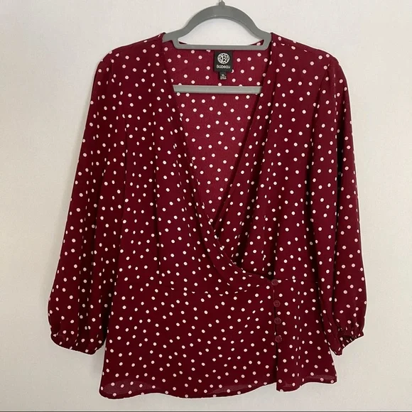 Bobeau Side Button Wrap Blouse Burgundy/Ivory Dot - Picture 2 of 14